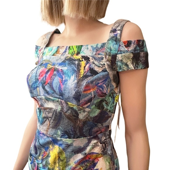 Nicole Miller New York Wiggle Sheath Dress Cold Shoulder Abstract Floral Multi - Picture 4 of 16